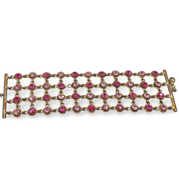 Vintage Pink & Fusia Rhinestone Bracelet Big Chunky Thick Antiqued Gold Tone - Picture 7 of 10